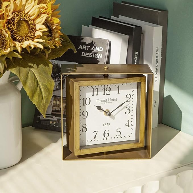 NIKKY HOME Rotating Table Clock, Non-Ticking Silent Battery Operated Decorative Mantel Desk Shelf Metal Clock for Home, Office, Living Room, Bed Room - Gold-Ruum Studio Home