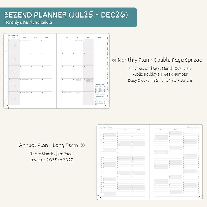 BEZEND Planner 2025-2026 Weekly and Monthly, 5.8" x 8.5" Academic Calendar (Jul 25-Dec 26) Vertical Daily Appointment with Hourly Timeslot & Monthly Tab, PU Leather Hardcover - Turquoise-Ruum Studio Home