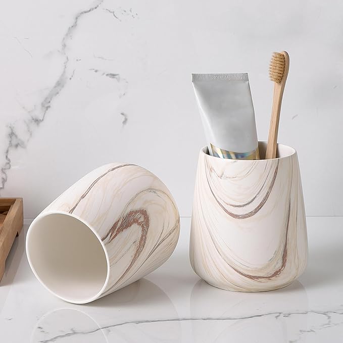 2Pcs Toothbrush Holder for Bathroom - Marble Brown Ceramic Tooth Brushing Holders Set, Toothbrush Cup & Toothpaste Organizer for Bathroom Countertop, Makeup Brush Holder, Pen Holder for Home Storage-Ruum Studio Home