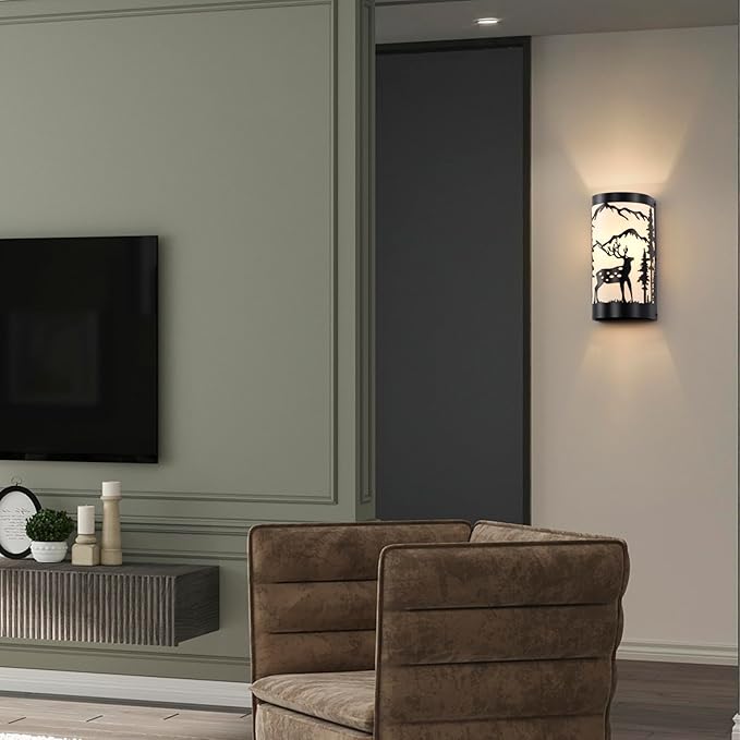 Black Wall Sconces Set of Two,Deer Metal Cream Parchment Rustic Wall Sconces,Farmhouse Indoor Wall Light Fixtures,Industrial Matte Sconce Light,Wall Lamps for Bedroom,Living Room,Hallway-Ruum Studio Home