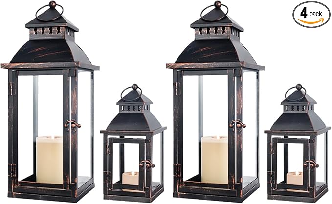 NEEDOMO Bronze Metal Lanterns Decorative Outdoor & Indoor, Set of 4 (17" & 10") with Glass, Candle Holder for Porch, Patio, Garden, Balcony, Wedding, Table Centerpiece Decorations-Ruum Studio Home