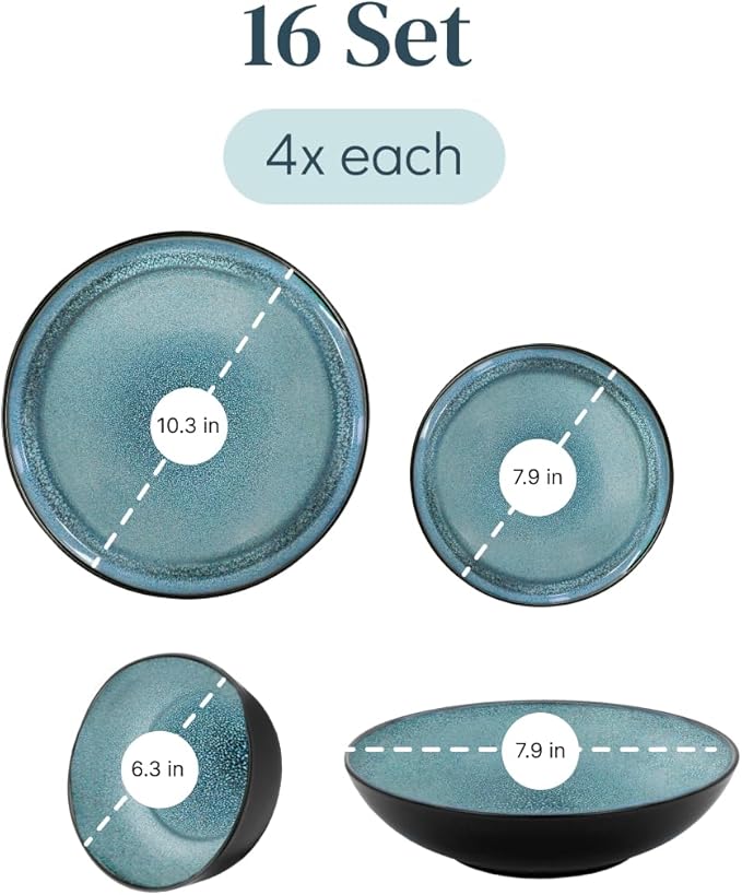 16 Piece Dinnerware Sets for 4 - Modern Style Stoneware Dinnerware Set - Scratch Resistant, Dishwasher Safe Plates and Bowls Sets Ceramic, Dish Set, Bowl and Plate Set - Black and Petrol Blue…-Ruum Studio Home