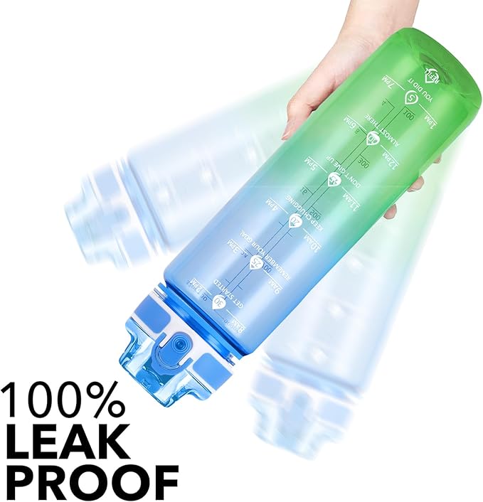 32oz Motivational Water Bottles with Time Marker & Fruit Strainer, Transparent Gradient Color Water Bottle with Times to Drink, Leakproof & BPA Free, Reusable Bottle with Strap (No Straw)-Ruum Studio Home