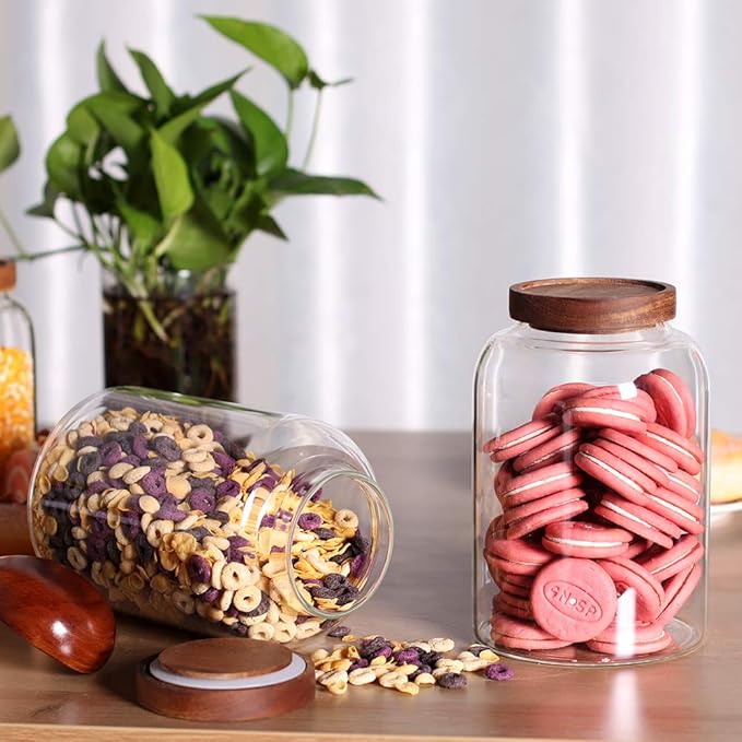 Thicken Glass Storage Jar, Food Storage Container/Canisters with Airtight Wooden Lid for Tea, Coffee, Honey, Cacao Powder,BPA Free Perfect as a Cereal Dispenser (7.6inch 2pcs)-Ruum Studio Home