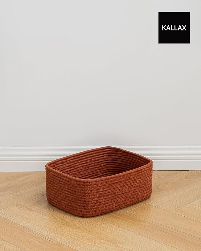 KALLAX Small Woven Basket, 13.5 x 9.5 x 5 Inches, Storage Basket for Organizing, Cute Small Rope Shelf Closet Cube Storage Bins Baskets for Shelves, Dog Toy Gift Baskets Empty, 3 Pack Rust Red-Ruum Studio Home