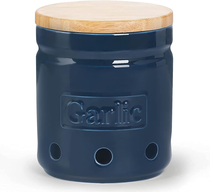 Large Garlic Keeper with Wooden Lid, Ceramic Garlic Holder Storage, Garlic Container for Kitchen, Garlic Saver to Keep Your Garlic Cloves Fresh Longer 4.5-Inch, Navy-Ruum Studio Home