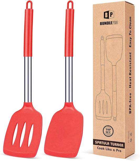 Pack of 2 Silicone Solid Turner, Non Stick Slotted Kitchen Spatulas, High Heat Resistant BPA Free Cooking Utensils, Ideal Cookware for Fish, Eggs, Pancakes(Red)-Ruum Studio Home