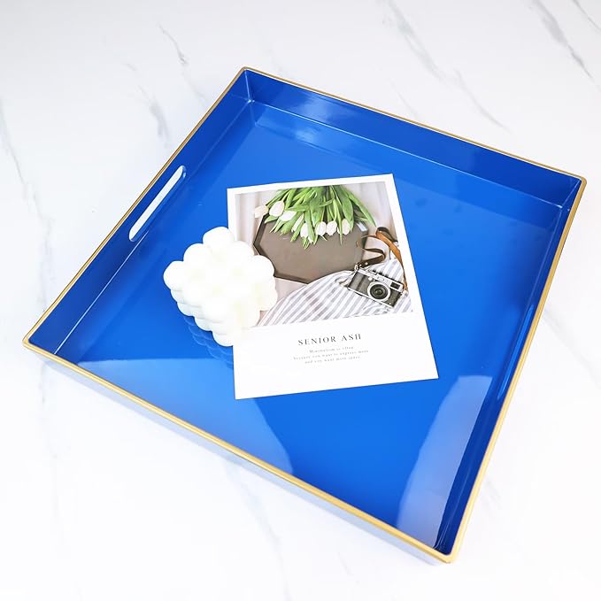 Spsyrine Blue Decorative Tray for Living Room, Square Modern Plastic Coffee Serving Table Tray for Ottoman Bathroom Kitchen,13"*13"-Ruum Studio Home