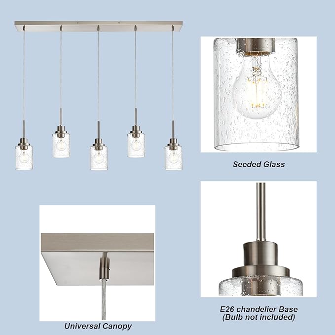 Lighting Contemporary Brushed Nickel Linear Chandelier Pendant Light 5 Lights Clear Seeded Glass Farmhouse Pendant Lighting Modern Dining Room Light Fixture for Living Room Kitchen Island-Ruum Studio Home