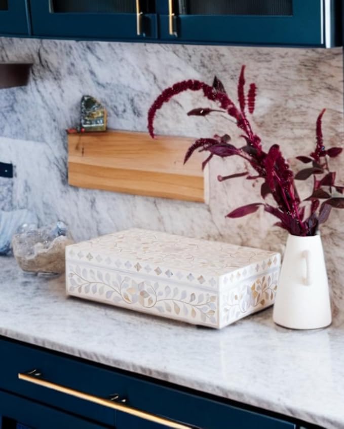 Decorative Storage Box Of Mother Of Pearl Inlay Floral Design Wooden Storage Box For Home Decoration For Living Dining & Bedroom (White_12x8x5 inch)-Ruum Studio Home