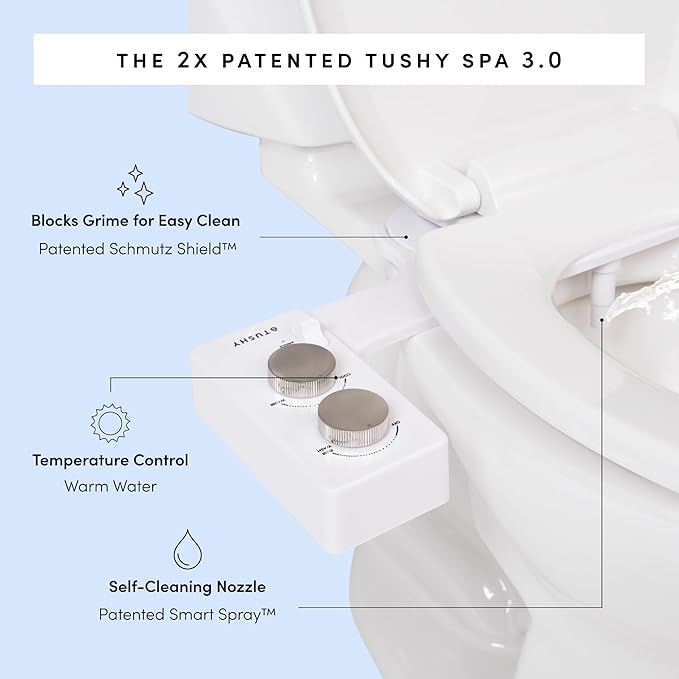 TUSHY Spa Royale Warm Water Bidet Seat Attachment. Self Cleaning Water Sprayer, Adjustable Pressure Nozzle, Angle Control. (Requires Sink Access for Water Temperature Control), Gold Knobs-Ruum Studio Home