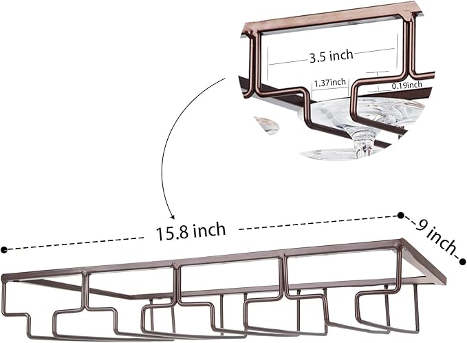 Wine Glass Rack Under Cabinet - Stemware Holder Metal Wine Glass Organizer Glasses Storage Hanger for Bar Kitchen Brown 4 Rows-Ruum Studio Home
