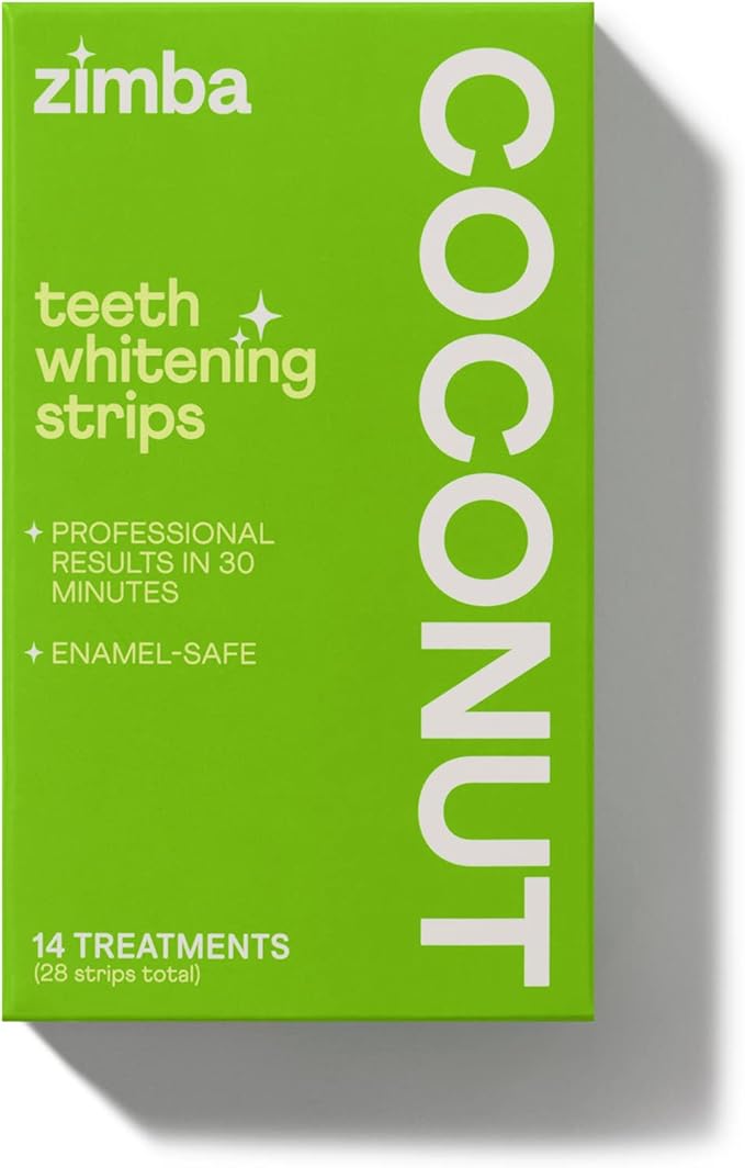Zimba Coconut Flavored Teeth Whitening Strips | Vegan, Enamel Safe Hydrogen Peroxide Teeth Whitener for Coffee, Wine, Tobacco, and Other Stains | 14 Day Treatment | Coconut-Ruum Studio Home