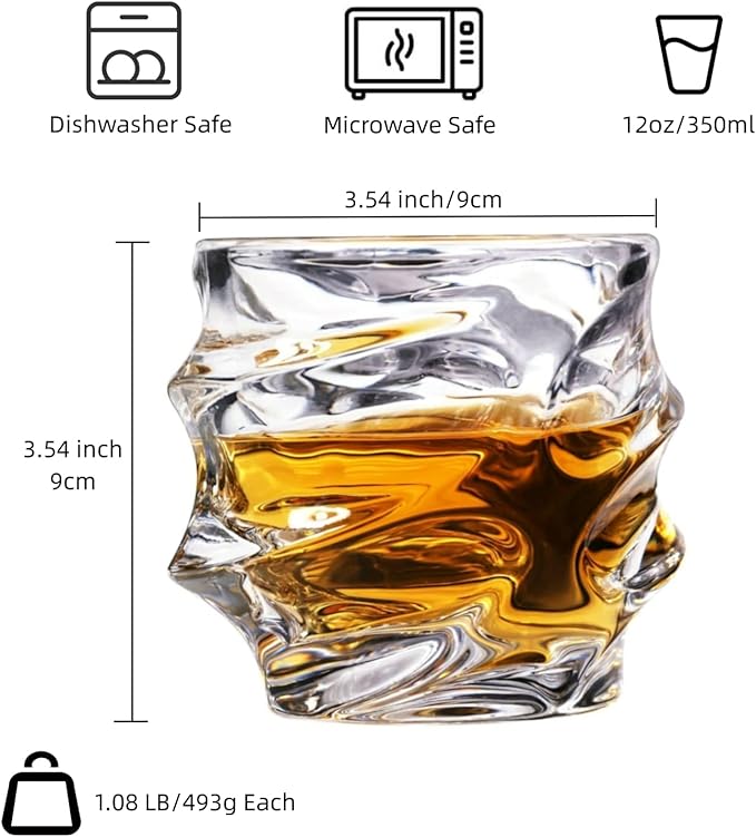 12 oz Hand Blown Crystal Whiskey Glasses Set of 4, Unique Cognac Glass, Heavy Thick Bottom Bar Glass for Scotch Bourbon Rum Gin Water Cocktail,Gifts Men Gifts Ideas-Ruum Studio Home
