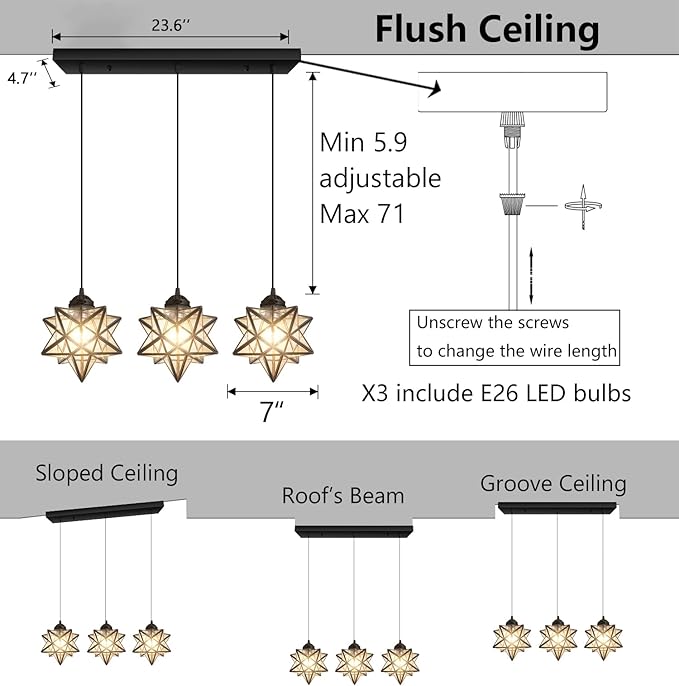 Farmhouse Modern Glam Chandelier Dining Room Clear Glass Star Pendants Light Fixture Kitchen Island LED Ceiling Hanging Lights Included Warm Light Bulbs Black-Ruum Studio Home
