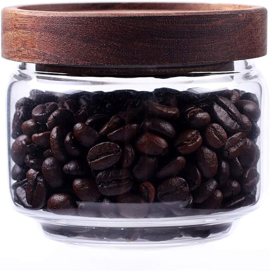 Glass Coffee Containers, 8.5 FL OZ/250 ml Kitchen Serving Food Storage Canister with Sealed Wooden Lid, BPA-Free Clear Glass Jar for Tea Leaves, Powder, Spice(3.06 inch)-Ruum Studio Home