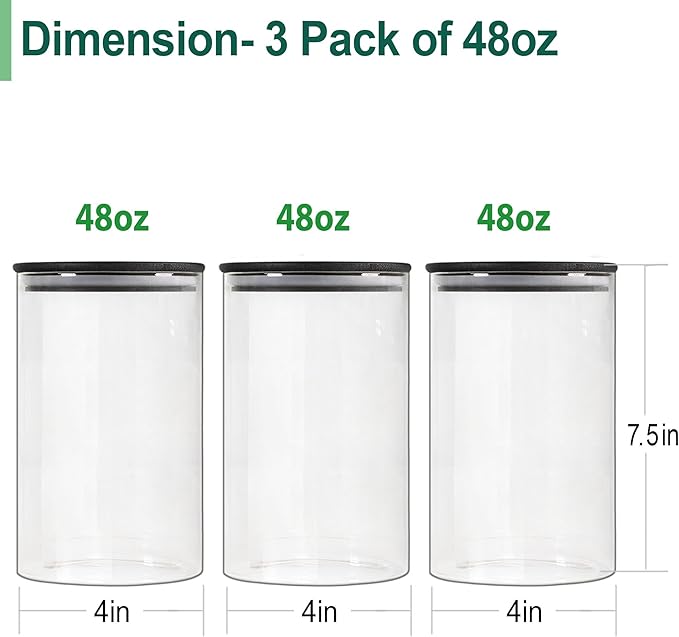 Urban Green Glass Jars with Black Lids, Glass food storage container sets with black lids, Airtight Canisters Sets with Bamboo Lids. Pantry Jar (3 Pack of 48oz)-Ruum Studio Home