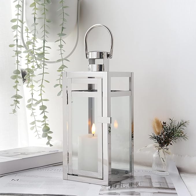 TRIROCKS Stainless Steel Decorative Lantern 12'' High Metal Hanging Lantern with Clear Glass Panels Perfect for Home Decor Living Room Parties Events Tabletop Indoors Outdoors (Silver)-Ruum Studio Home