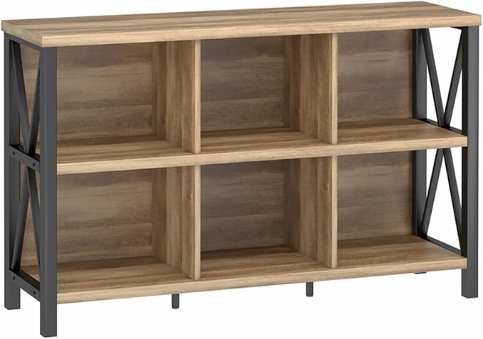 FATORRI 6 Cube Storage Organizer with Shelf, Long Wood and Metal Cubby Bookcase, Industrial Horizontal Bookshelf (Rustic Oak, 47 Inch)-Ruum Studio Home