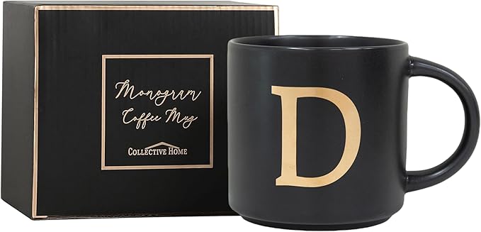 COLLECTIVE HOME - Monogram Ceramic Mugs, 15 oz Golden Initial Black Coffee Cups, Elegant Alphabet Tea Mugs, Elegant Personalized Mug with Gift Box, Unique Mug with Double Side Capital Lette (D)-Ruum Studio Home