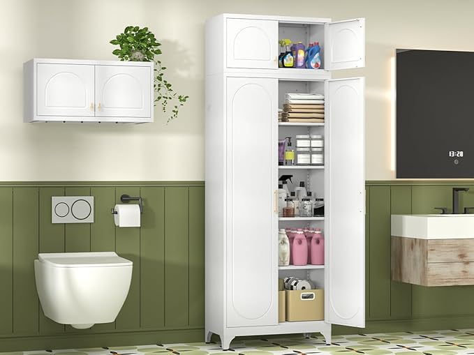 Kitchen Pantry Cabinet, 90" Tall Metal Pantry Cabinet, Food Cupboards with Doors and Shelves, Freestanding Storage Cabinets for Dining, Living Room, 16"D x 32"W x 90"H, White, Assembly Required-Ruum Studio Home