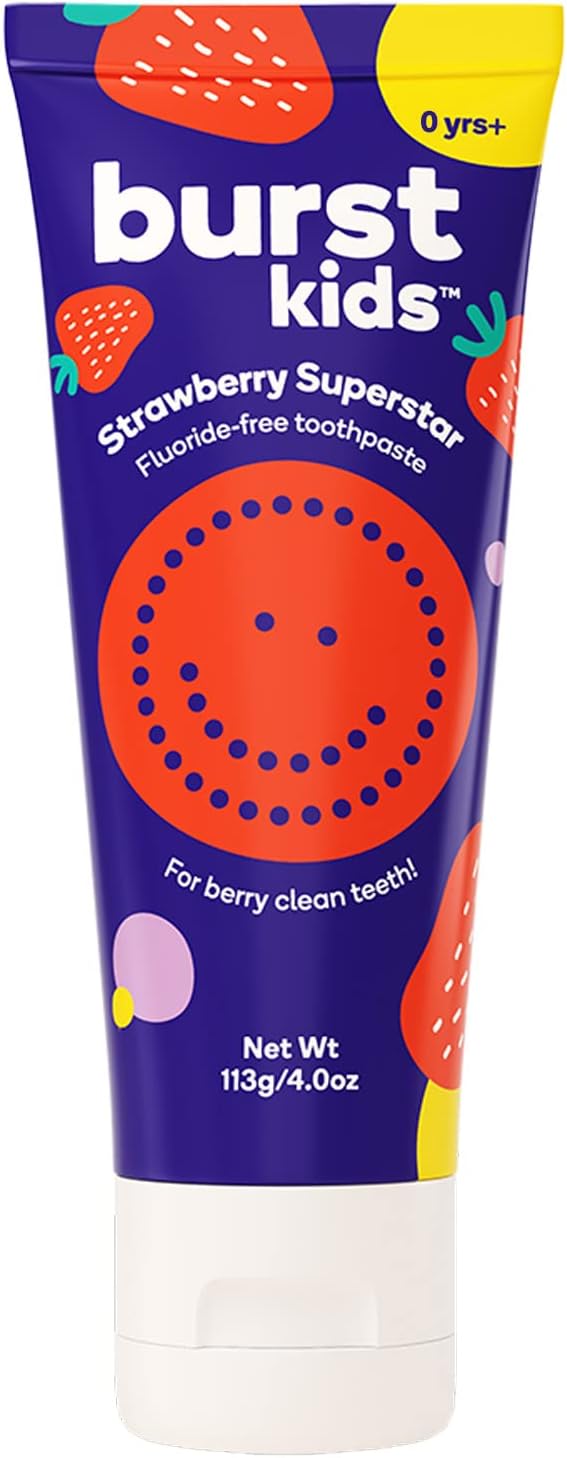 BURST Fluoride Free Strawberry Kids Toothpaste (4oz) | Great Tasting | Dye Free for Baby & Toddler Age 0+ | with Nano Hydroxyapatite-Ruum Studio Home