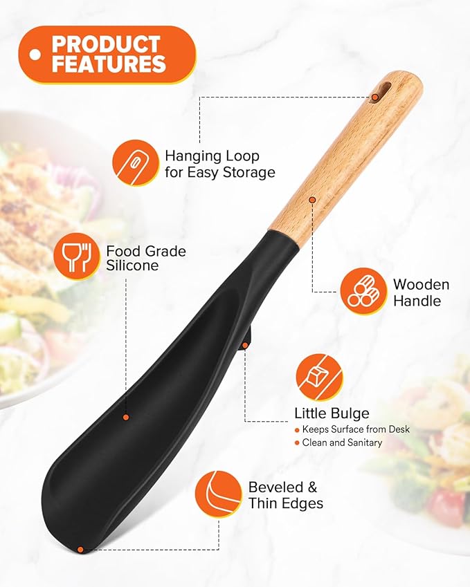 Cooking Spoon and Scraper for Nonstick Cookwares, Great for Cooking and Serving Durable BPA-Free Matte Silicone, Wood Handle Multifunction Spoon for Mixing, Scoop, and Scrape (BLACK)-Ruum Studio Home