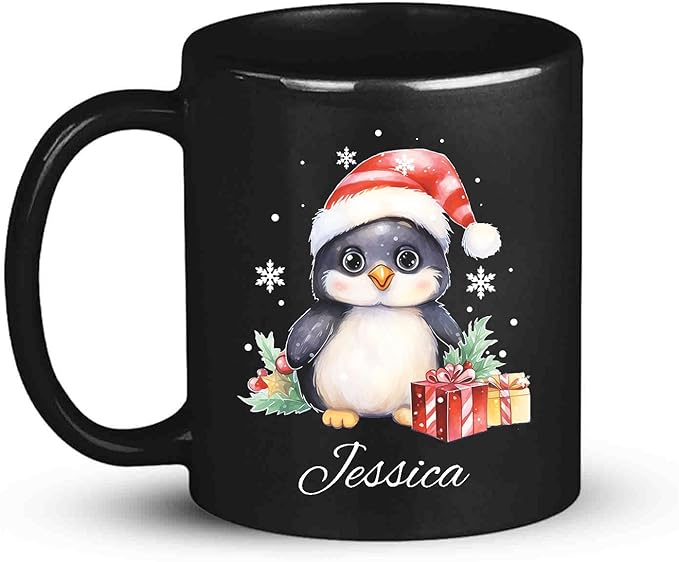 Customized Christmas Themed Black Cup, Personalized Cute Xmas Penguin Mug With Name, Gift For Christmas, Custom Animal Wearing Santa Hat Design Cup, Christmas Animal Coffee Mug 11oz 15oz-Ruum Studio Home