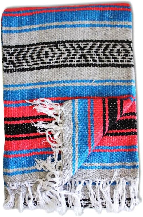 Del Mex Classic Mexican Blanket, Large Authentic Woven Falsa Throw (70"x50"), Artisan Southwest Décor for Beach, Yoga, Outdoors (Salmon/Blue)-Ruum Studio Home