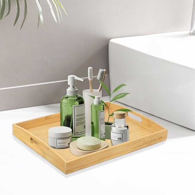 Bamboo Serving Tray Set of 2 Elegant for Coffee, Eating or Decor - Large and Small Rectangle Serving Trays with Handles - Wood Serving Tray Suitable for Home, Kitchen and Outdoor-Ruum Studio Home