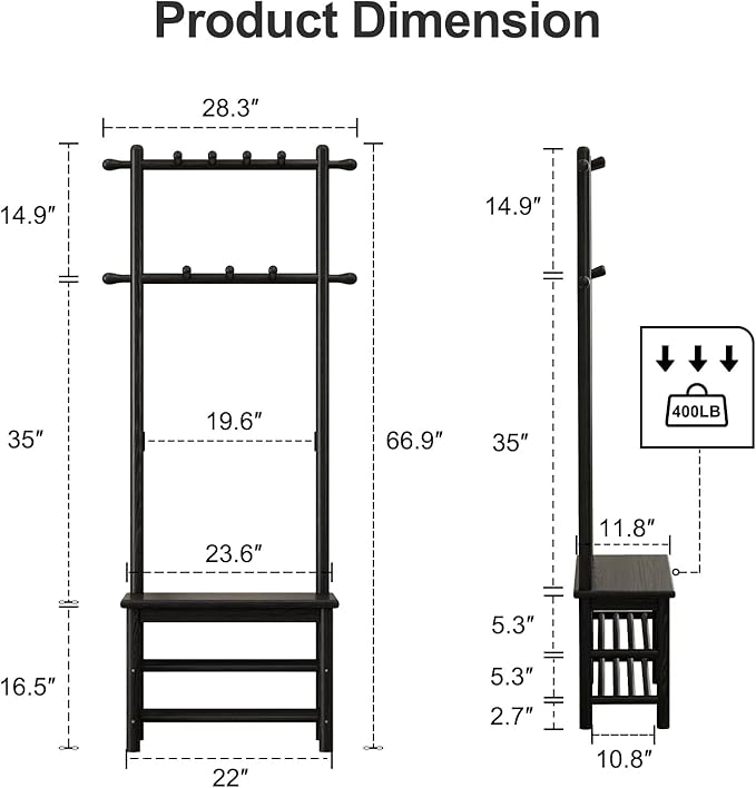 Coat Rack with Shoe Storage, Narrow Wooden Hall Tree with Bench, 11 Hooks and 2-Tier Storage Shelves, 3-in-1, Entryway Bench with Coat Rack (23.6"-Black)-Ruum Studio Home