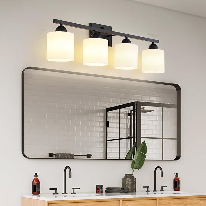 Milk Glass Vanity Lights for Bathroom, 4 Light Matte Black Bathroom Light Fixtures Over Mirror, Ceramic E26 Sockets Wall Mounted-Ruum Studio Home