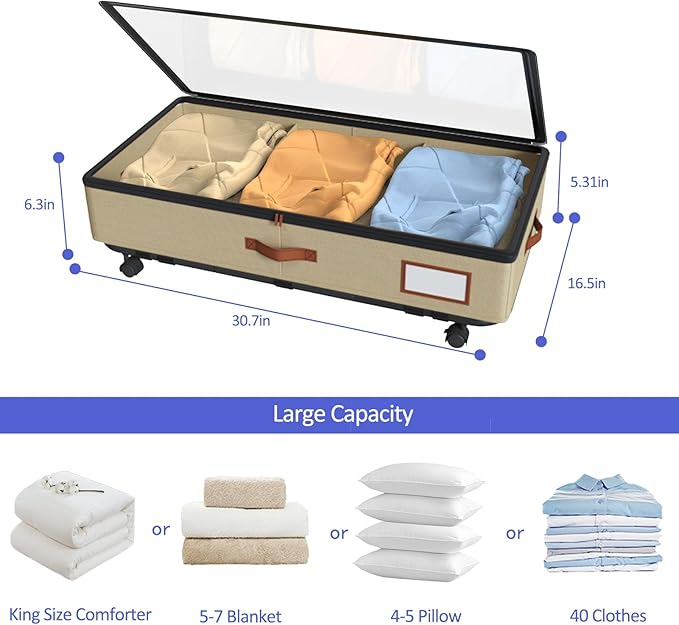 IUI Under Bed Storage with Wheels & Lid, 50L Large Capacity Underbed Storage Containers, Versatile Under The Bed Shoe Storage for Clothes, Books, Toys, 2 Pack, Ivory White-Ruum Studio Home