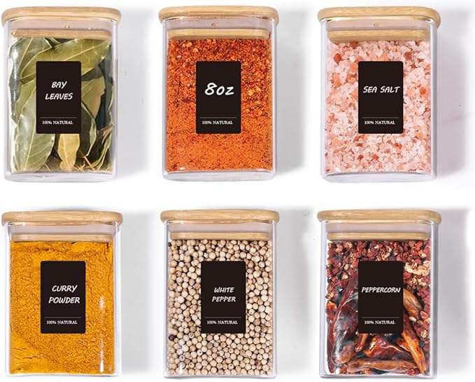 Comsaf Spice Jars with Label，8 oz Small Glass Jars with Lids, 6 Pcs Seasoning Containers, Rectangle Glass Containers with Lids, Empty Seasoning Jars for Pantry Storage, Loose Tea, Herbs, Powders, Salt-Ruum Studio Home