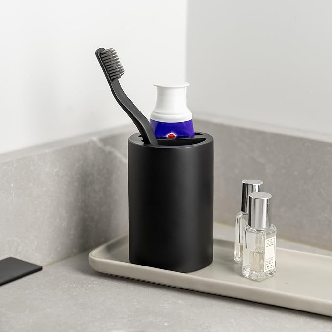 Matte Black Toothbrush Holder for Bathrooms – Modern Resin Countertop Organizer with Slots, Compact Toothbrush and Toothpaste Storage for Vanity, Hotel, Airbnb (Black)-Ruum Studio Home