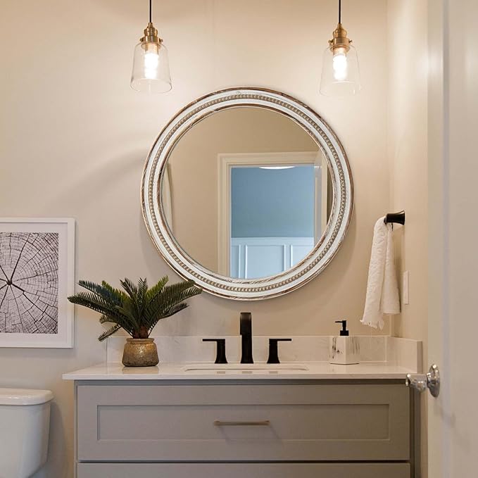 24 Inch Round Mirror - Distressed Vintage Farmhouse Mirror for Bathroom Wall, Living Room, Bedroom & Entryway, Handmade Wood Frame-Ruum Studio Home