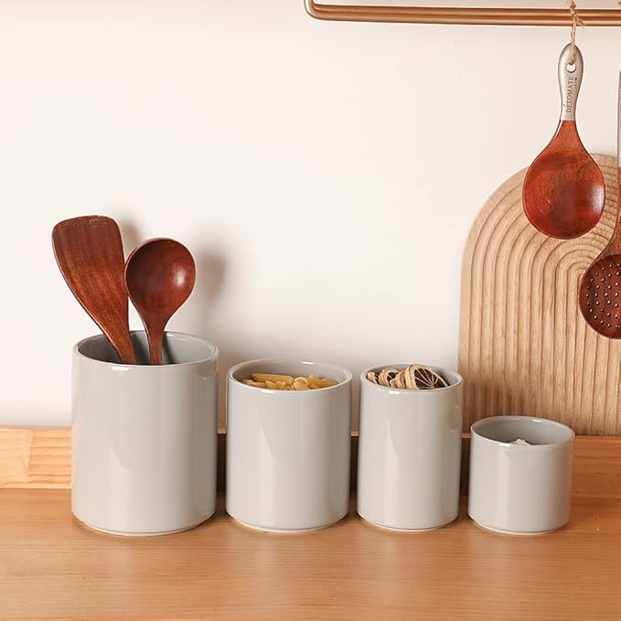 Sweejar Ceramic Kitchen Canister Sets, Porcelain Container for Countertop, Heavy Food Storage Jars with Airthight Seal Bamboo Lid, Servering for Sugar, Coffee Beans, Tea Leaves, Pack of 4（Gray）-Ruum Studio Home