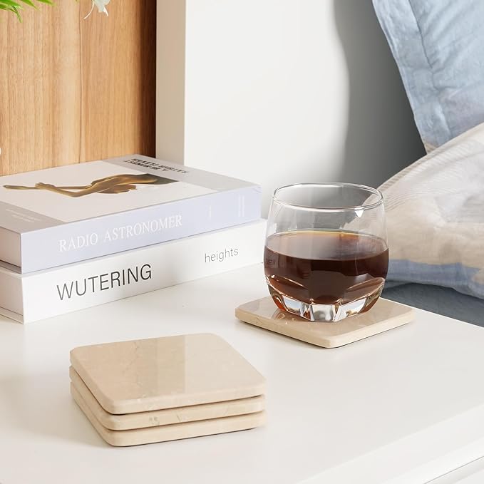 BCS Marble Coasters Set of 5 with Holder, Square Stone Drink Coasters for Coffee, Wine and Cocktails, Non-Slip Durable Cup Mats, Elegant Home, Bar & Kitchen Table Decor (Crema Beige)-Ruum Studio Home