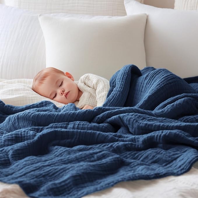 EMME Muslin Baby Blankets 100% Cotton 4-Layer Swaddle 40"x50" Lightweight Soft Breathable for Toddler, Infant, Newborn All Season Gauze Blanket, Navy Blue-Ruum Studio Home
