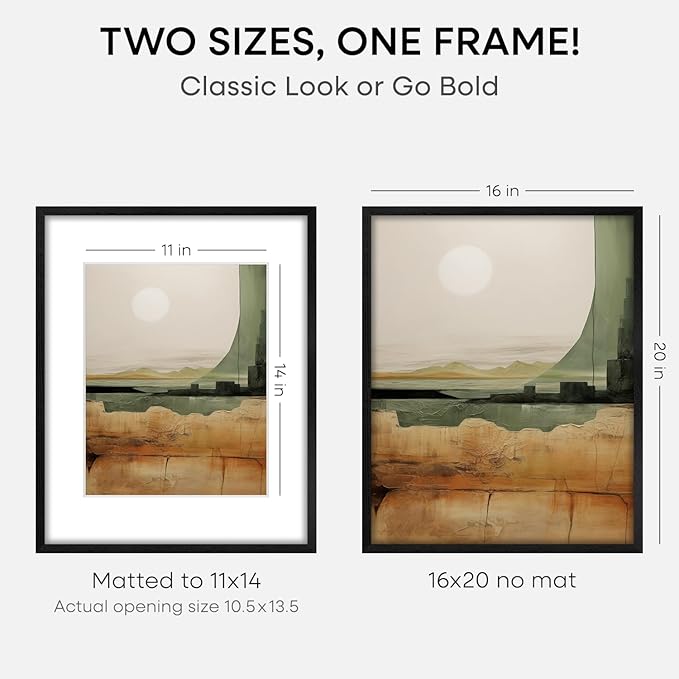 Homeforia 16x20 Black Wood Frame, High End Oak 16x20 Picture Frames with Mat 11x14 Photo, 16 x 20 Wooden Poster Frame Matted to 11 by 14 Print, 20x16 Hanging Frames, Tempered Glass, Wall Kit, Set of 1-Ruum Studio Home