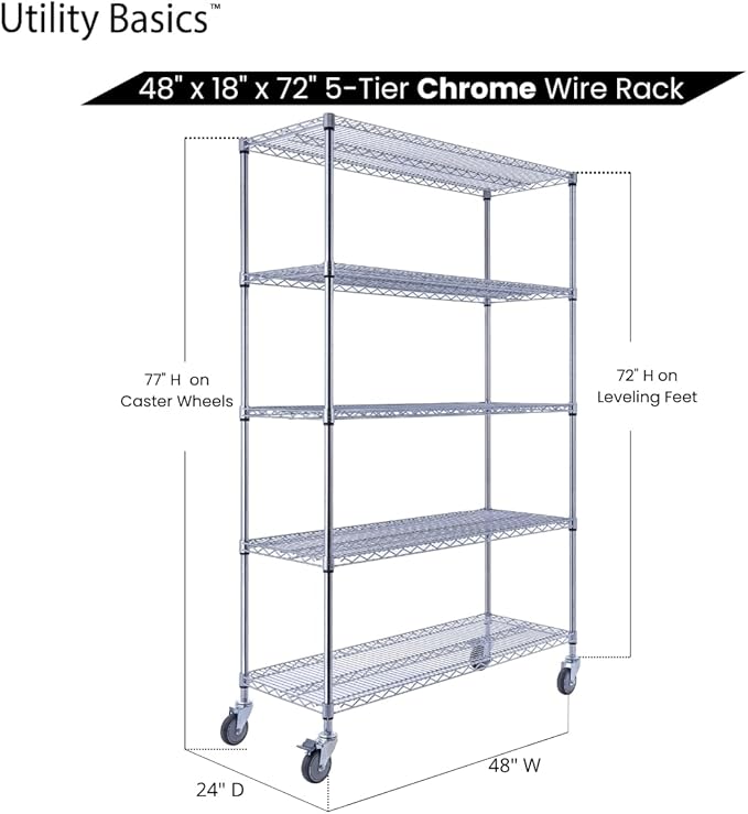 48"x18"x72" Chrome 5-Tier PREMIUM Wire Shelving NSF 4000 LBS MAX CAPACITY Heavy Duty Steel Storage Rack for Warehouses, Garages, Hospitals, Commercial Spaces, & Schools w/PREMIUM WHEELS-Ruum Studio Home