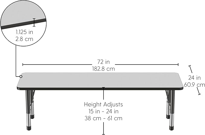 FDP Rectangle Activity School and Classroom Kids Table (24 x 72 inch), Chunky Toddler Legs, Adjustable Table Height 15-24 inches - Gray Top and Black Edge-Ruum Studio Home