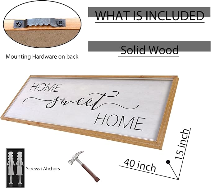 Home Sweet Home Sign Wall Decor 40"x15" Above Bed Living Room Large Wooden Framed Family Plaques Art (Wood)-Ruum Studio Home