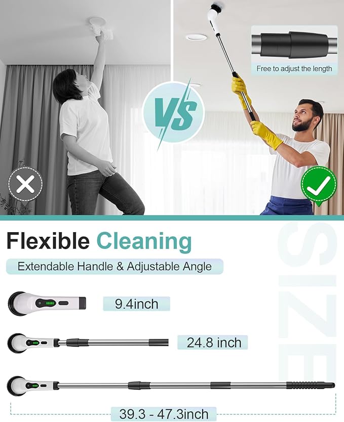 Electric Spin Scrubber, Cordless Shower Scrubber Rotary Floor Brushes & Pad Drivers with 9 Brush Heads - 2H Dual Speed, IPX7 Waterproof Extension Handle for Bathroom Tile Car Cleaning, Whtie-Q-Ruum Studio Home