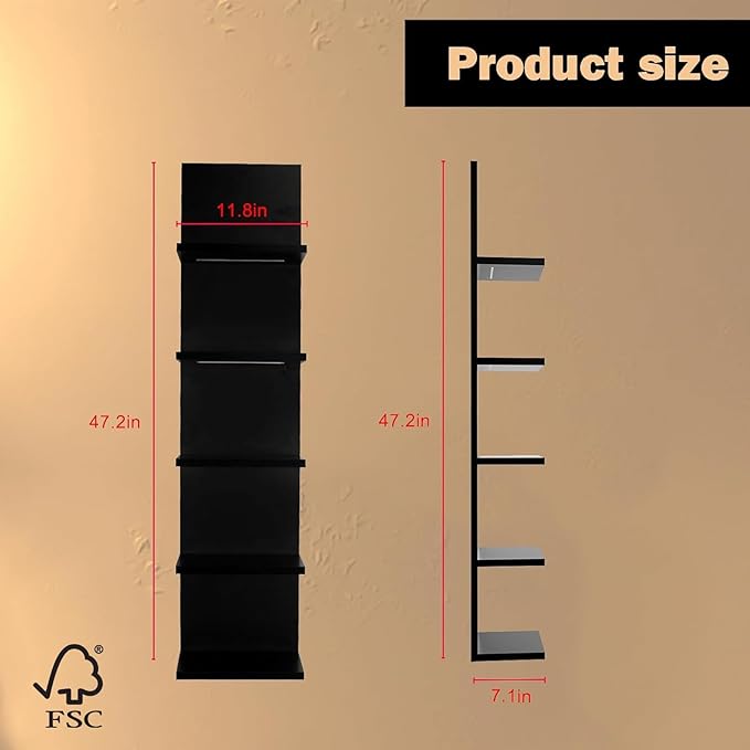 5 Tier Wall Shelf Unit, Black Modern Vertical Lack Wall Shelves with Light, Wall Mount, Floating Column Home Decor Shelves for Bedroom, Living Room, Vanity Storage Display-Ruum Studio Home