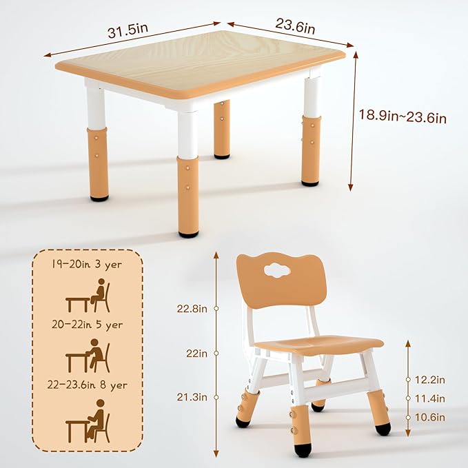 Kids Study Table and 2 Chairs Set,Height Adjustable Table and Chairs for Children and Toddlers,31.5"X23.6"Graffiti Desktop,Suitable for Daycare,Classrooms, Home-Ruum Studio Home