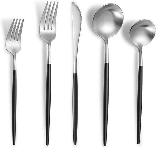 Matte Black Silver Silverware Set for 6,Modern Stainless Steel Brushed Cutlery Set,30-Pieces Heavy Duty Flatware Set,Knives Spoons and Forks Set Utensils Set, Satin Finish, Dishwasher Safe-Ruum Studio Home