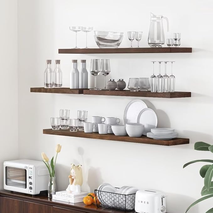 Fun Memories Floating Shelves for Wall, 36"x9.3" Rustic Solid Elm Wood Shelves, Heavy-Duty Wall Mounted Shelves with Invisible Brackets, Set of 2 for Living Room, Bedroom, Kitchen, Walnut Finish-Ruum Studio Home