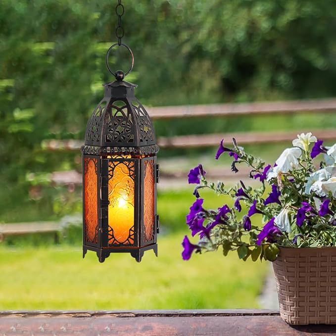 NEEDOMO 11'' Moroccan Lanterns Decorative Indoor & Outdoor, Vintage Christmas Candle Holder, Metal Lanterns Decorative, Table, Patio, Porch, Shelf, Christmas Spring Halloween Home Decor (Amber)-Ruum Studio Home