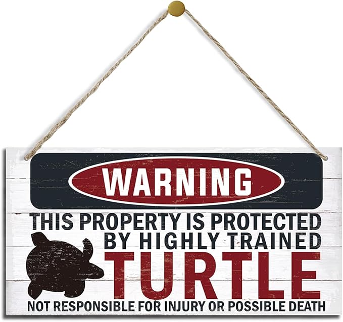 Funny Warning Signs, The Property is Protected By Highly Trained Turtle Sign, Decorative Wood Hanging Wood Plaque, House Door Sign, Farmhouse Wall Decor for Home Office, Indoor/Outdoor Use-Ruum Studio Home